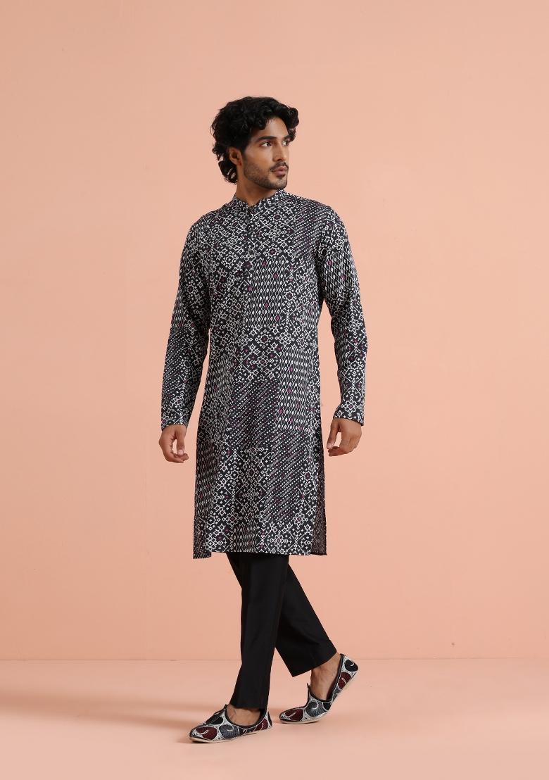Black Printed Cotton Kurta Set For Men - Indya