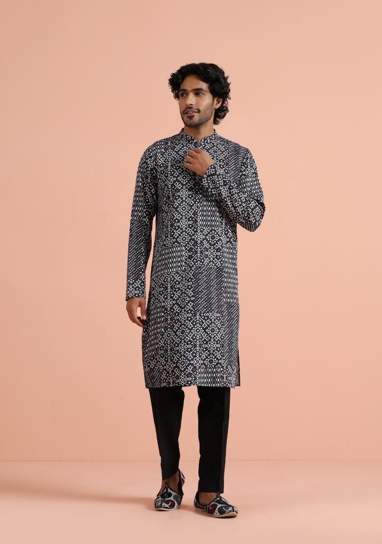 Black Printed Cotton Kurta Set For Men - Indya