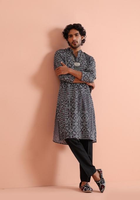 Black Printed Cotton Kurta Set For Men — view on Indya