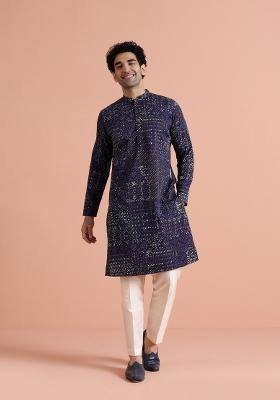 Black Printed Cotton Kurta Set For Men