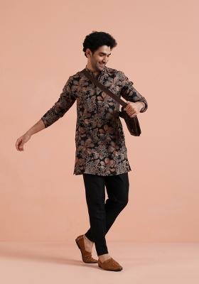 Black Printed Poly Viscose Kurta Set For Men