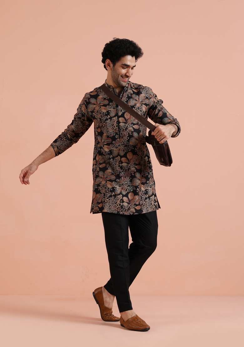 Black Printed Poly Viscose Kurta Set For Men - Indya