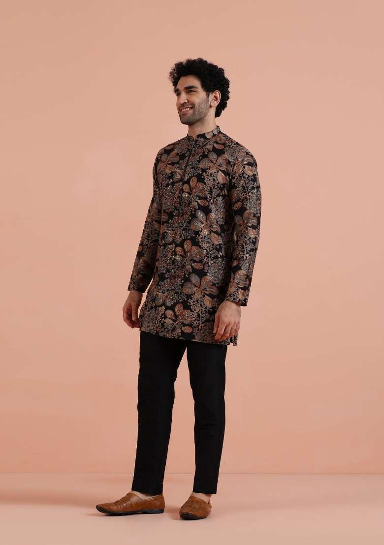 Black Printed Poly Viscose Kurta Set For Men - Indya