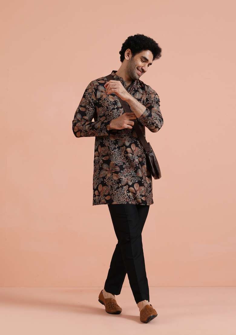 Black Printed Poly Viscose Kurta Set For Men - Indya