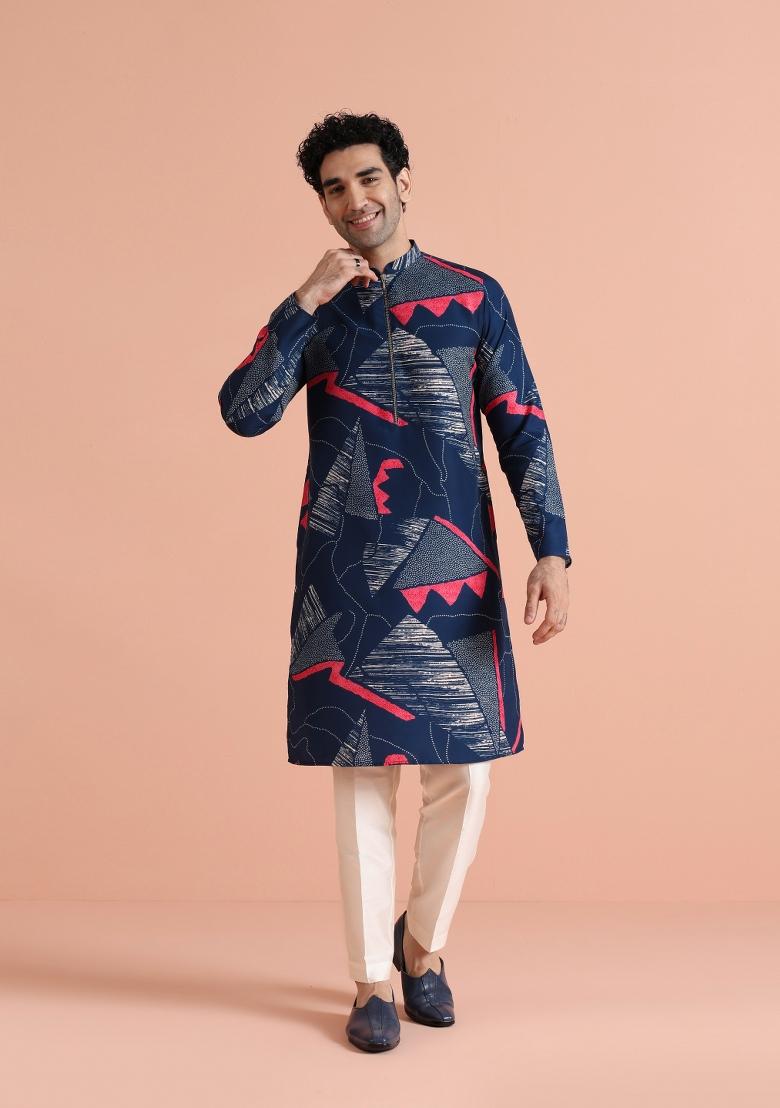Blue Printed Poly Viscose Kurta Set For Men
