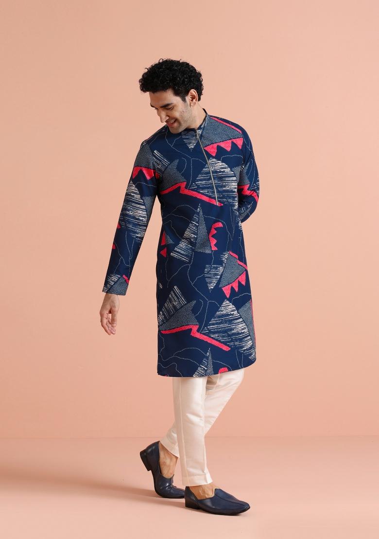 Blue Printed Poly Viscose Kurta Set For Men