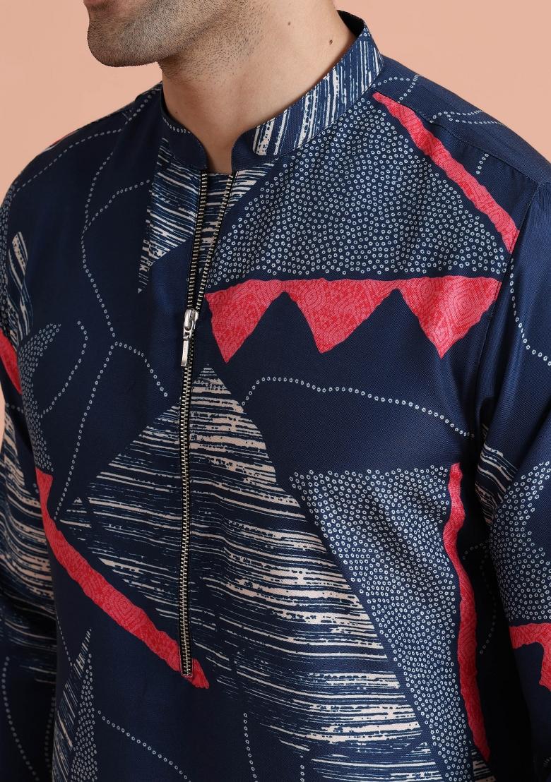 Blue Printed Poly Viscose Kurta Set For Men