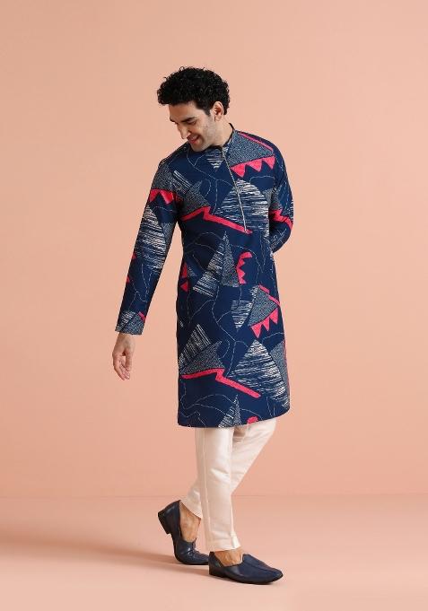 Blue Printed Poly Viscose Kurta Set For Men