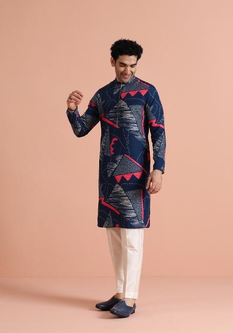 Blue Printed Poly Viscose Kurta Set For Men
