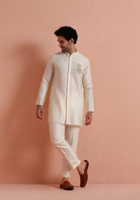 Pink Jacquard Poly Silk Kurta Set For Men
