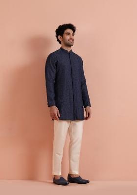 Blue Embellished Denim Kurta Set For Men