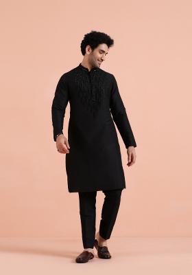 Black Embellished Poly Silk Kurta Set For Men