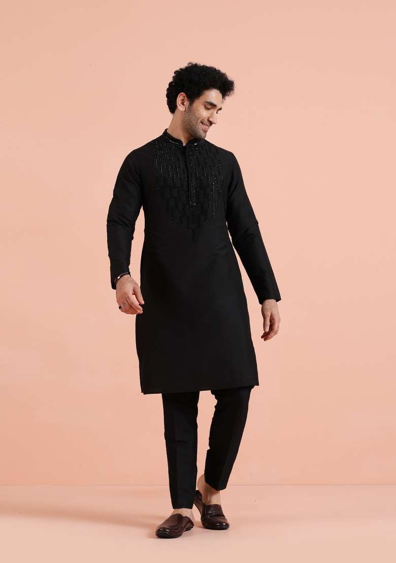 Black Embellished Poly Silk Blend Kurta Set For Men - Indya