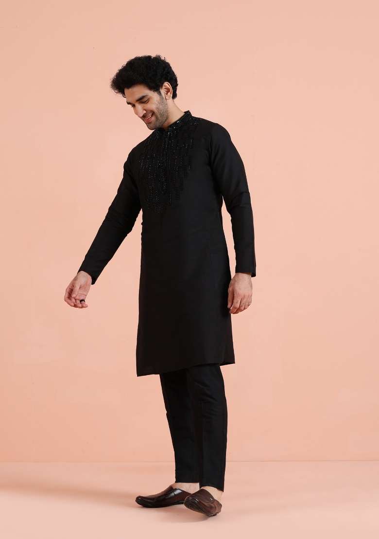 Black Embellished Poly Silk Blend Kurta Set For Men - Indya
