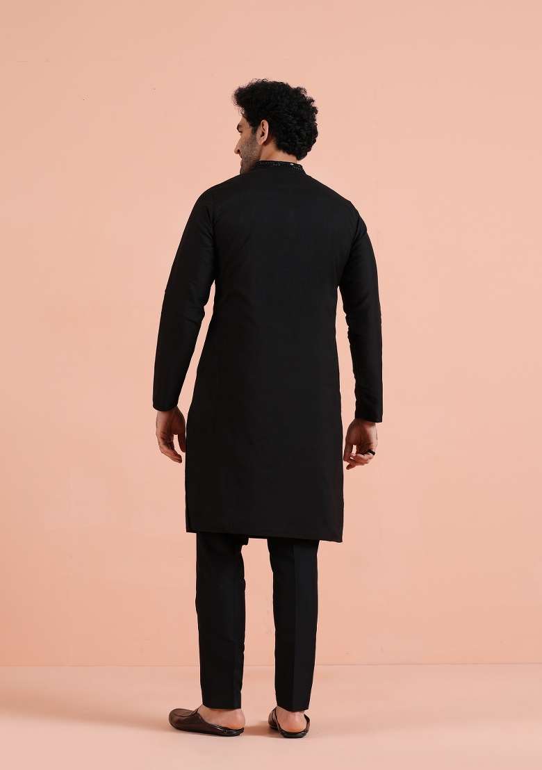 Black Embellished Poly Silk Blend Kurta Set For Men - Indya
