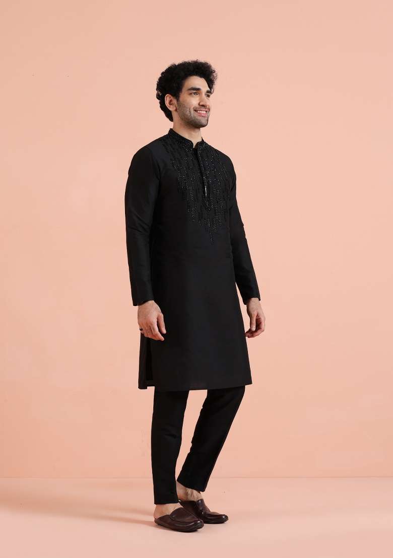Black Embellished Poly Silk Blend Kurta Set For Men - Indya