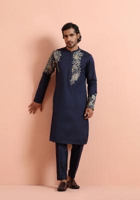 Blue Printed Poly Silk Blend Kurta Set For Men