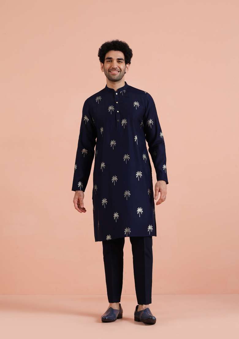 Blue Printed Poly Rayon Kurta Set For Men - Indya