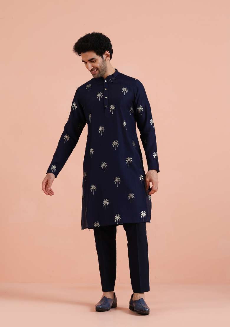 Blue Printed Poly Rayon Kurta Set For Men - Indya
