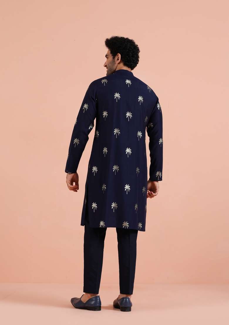 Blue Printed Poly Rayon Kurta Set For Men - Indya