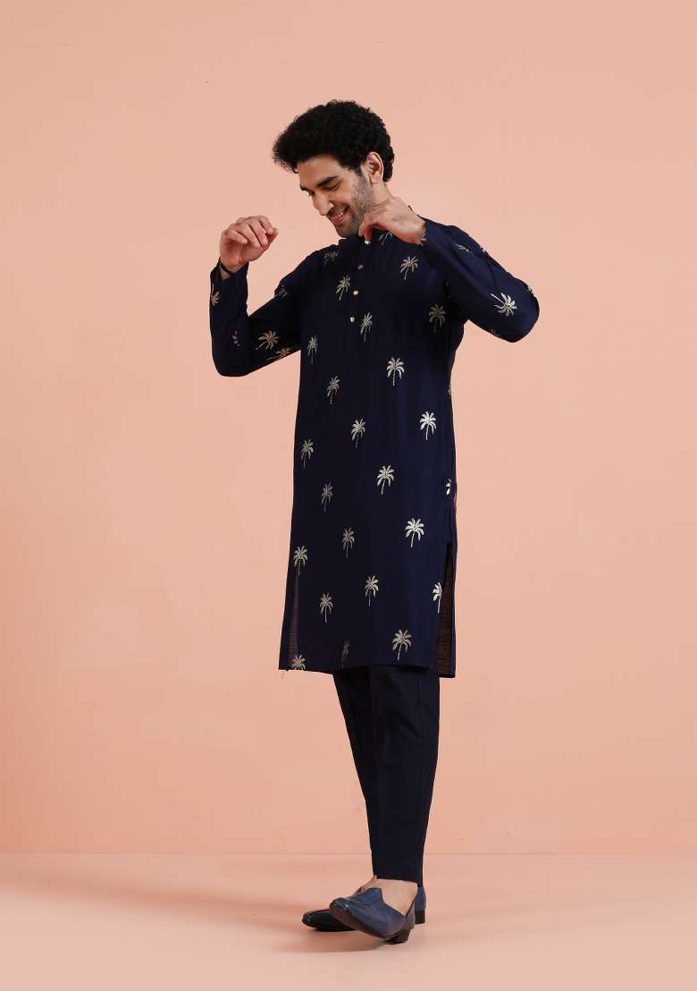 Blue Printed Poly Rayon Kurta Set For Men - Indya