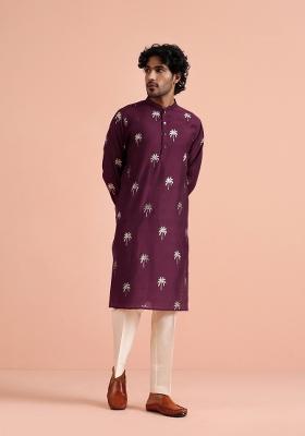 Maroon Printed Poly Rayon Kurta Set For Men