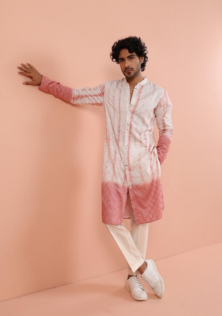 White Printed Cotton Kurta Set For Men