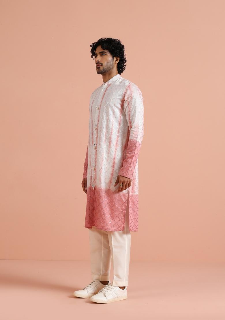 White Printed Cotton Kurta Set For Men