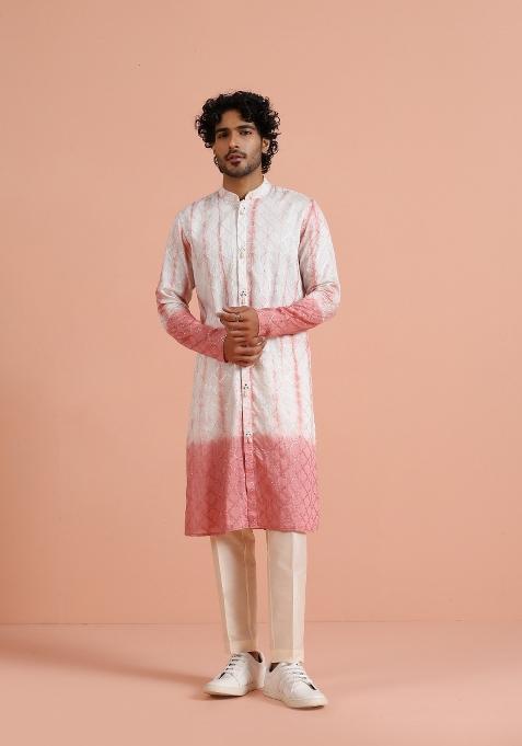 White Printed Cotton Kurta Set For Men