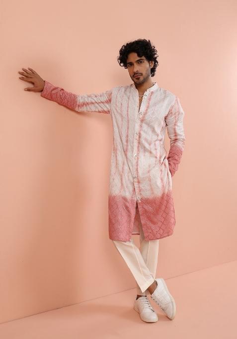 White Printed Cotton Kurta Set For Men