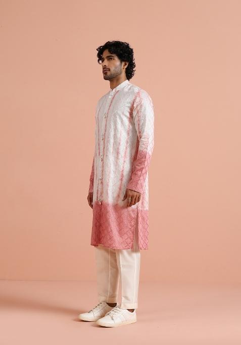 White Printed Cotton Kurta Set For Men