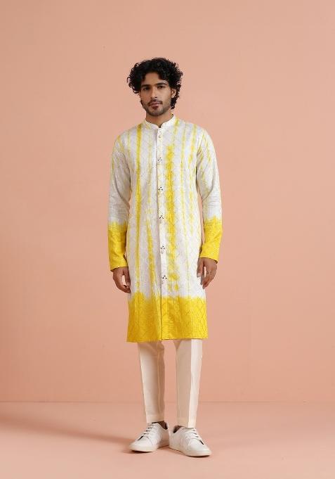 White Printed Cotton Kurta Set For Men