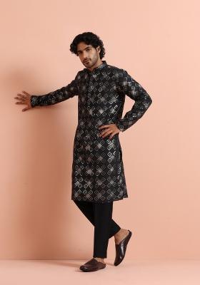 Black Printed Cotton Kurta Set For Men