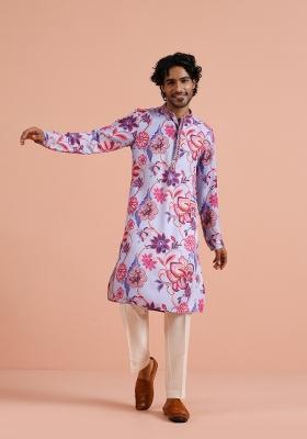 Multicolor Printed Pashmina Silk Blend Kurta Set For Men