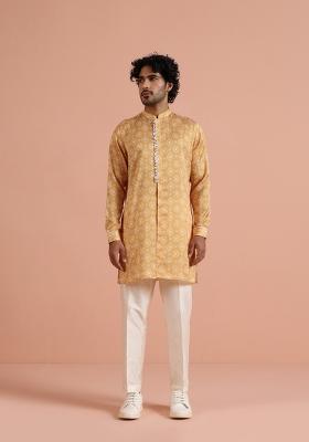Yellow Printed Poly Viscose Kurta Set For Men