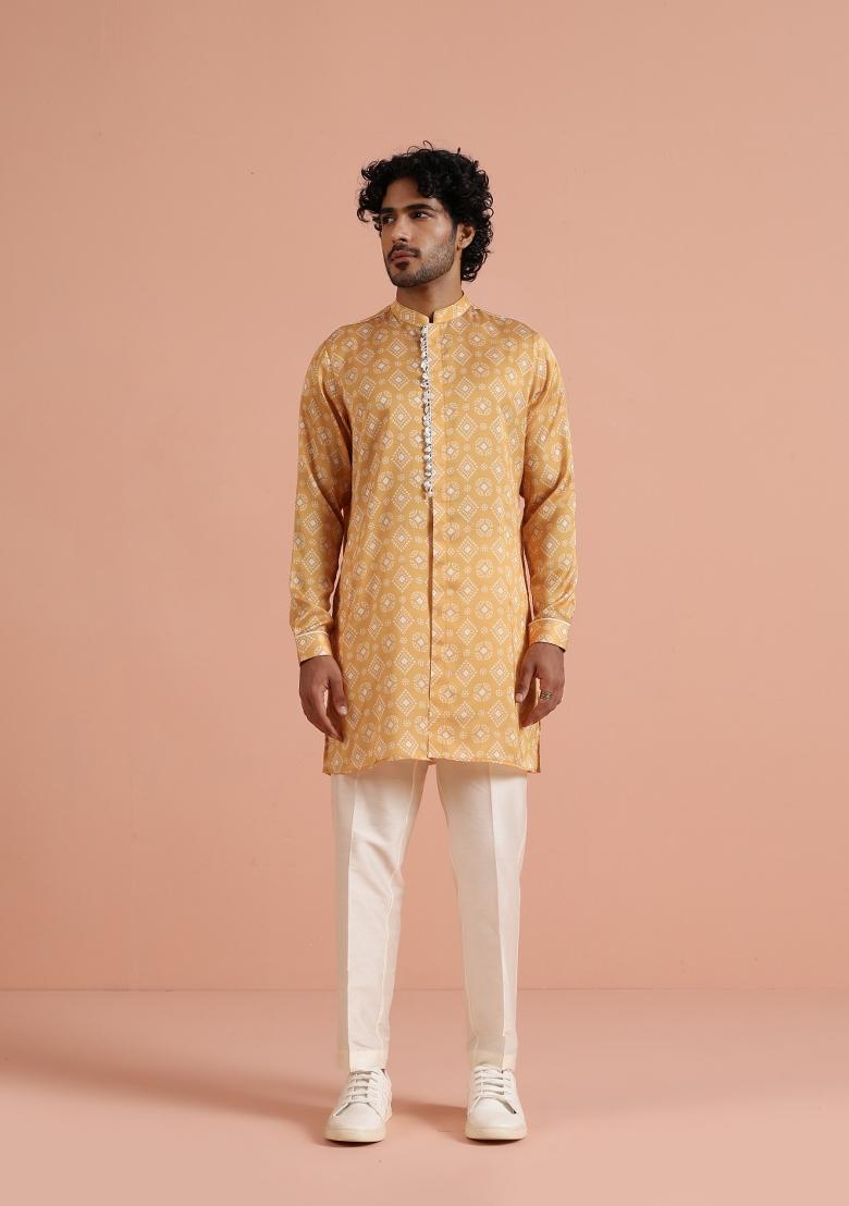 Yellow Printed Poly Viscose Kurta Set For Men