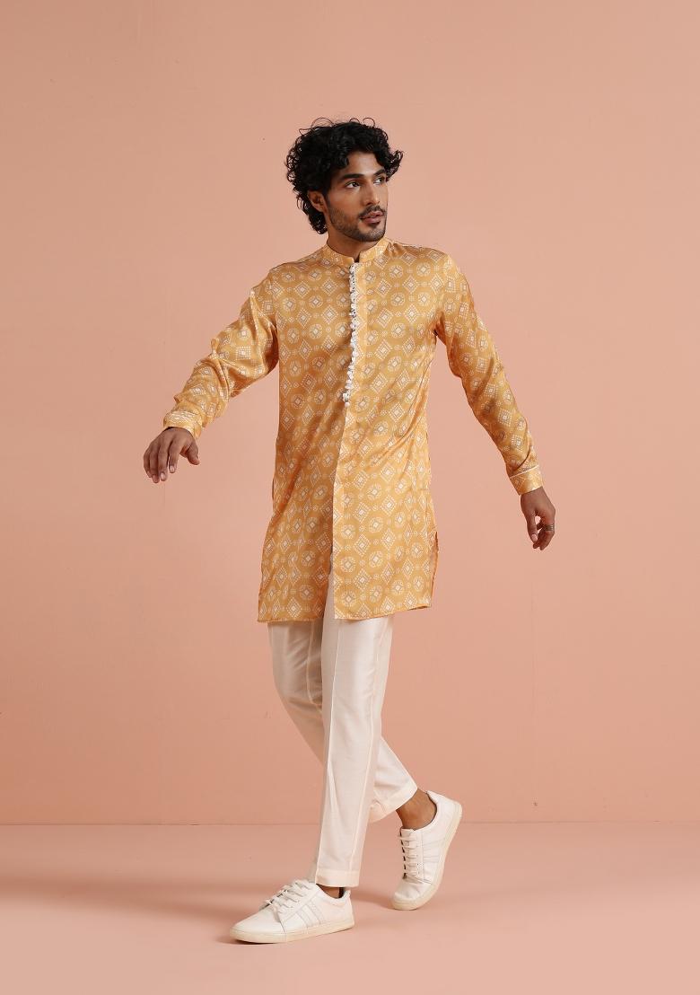 Yellow Printed Poly Viscose Kurta Set For Men