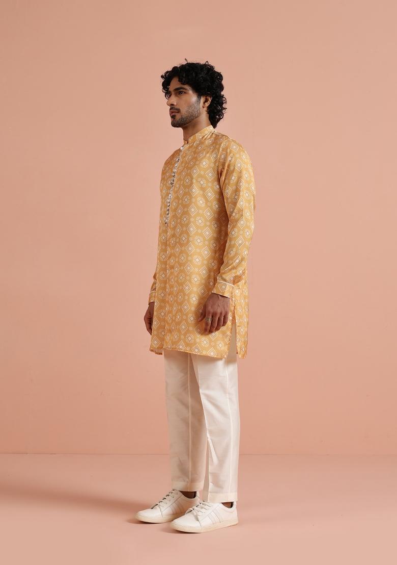 Yellow Printed Poly Viscose Kurta Set For Men