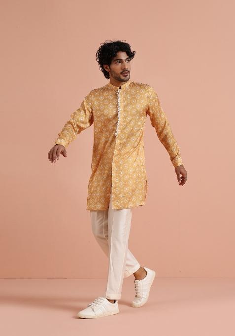 Yellow Printed Poly Viscose Kurta Set For Men
