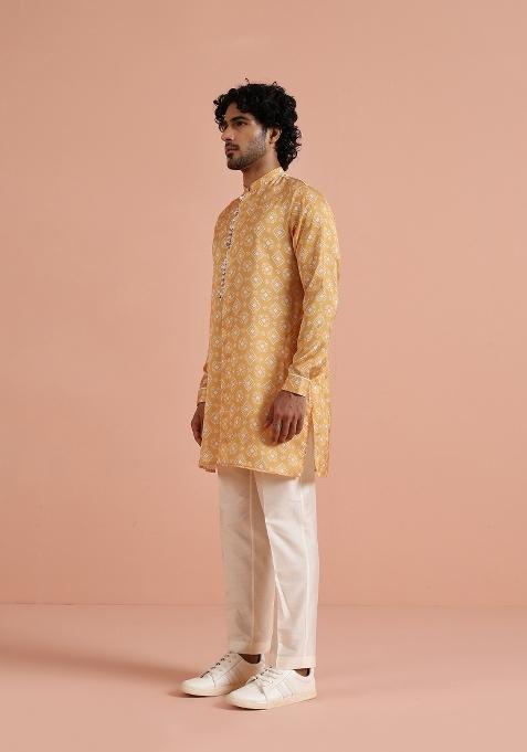 Yellow Printed Poly Viscose Kurta Set For Men