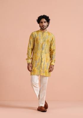 Yellow Printed Poly Viscose Kurta Set For Men