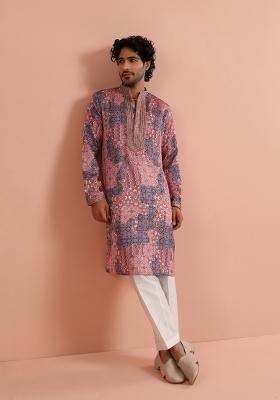 Pink Printed Poly Viscose Kurta Set For Men