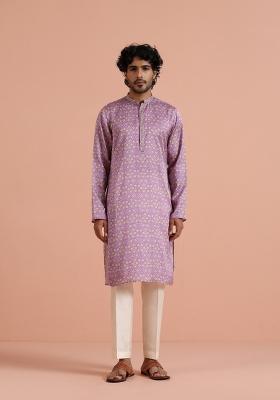 Pink Printed Poly Viscose Kurta Set For Men