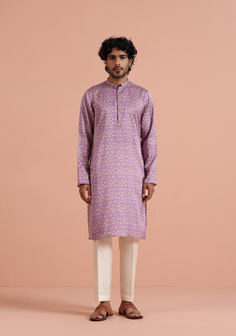Pink Printed Poly Viscose Kurta Set For Men
