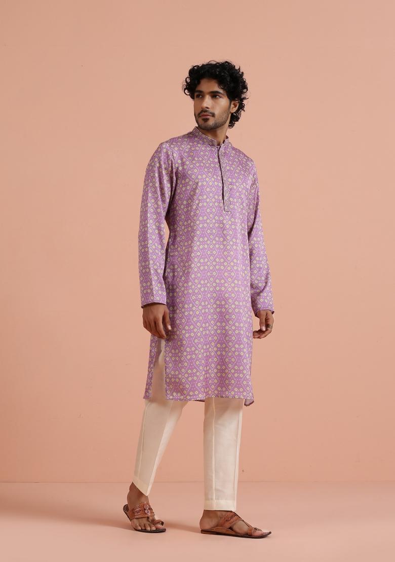 Pink Printed Poly Viscose Kurta Set For Men