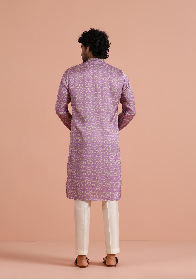 Pink Printed Poly Viscose Kurta Set For Men