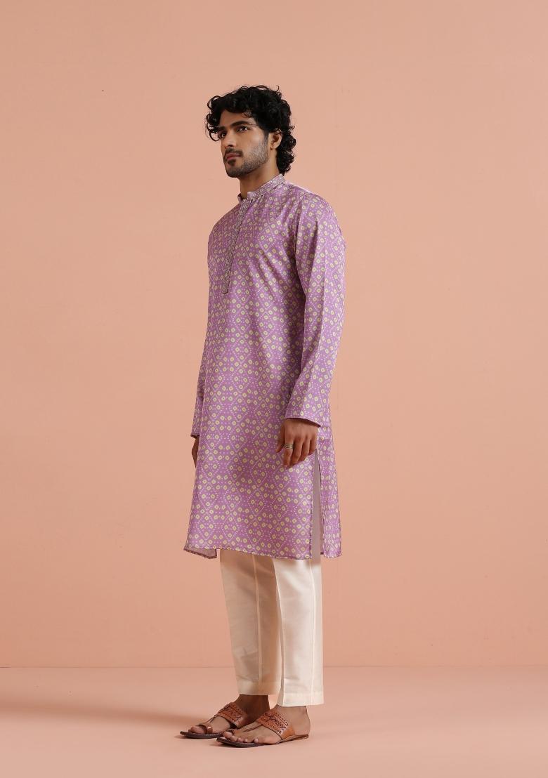 Pink Printed Poly Viscose Kurta Set For Men