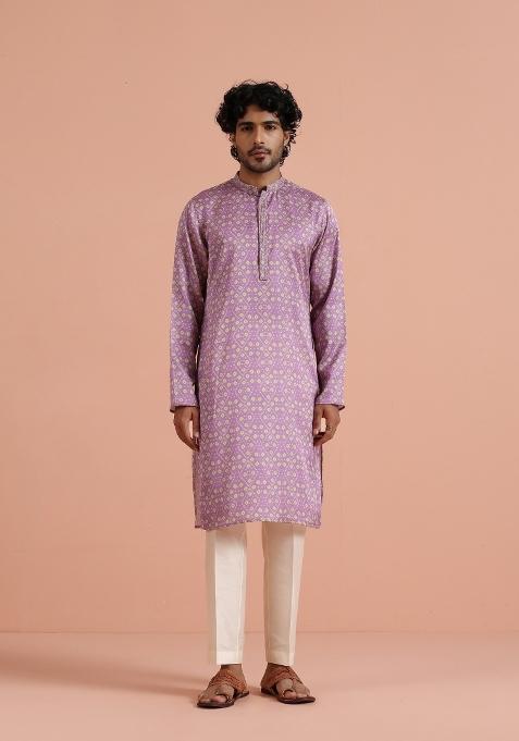 Pink Printed Poly Viscose Kurta Set For Men