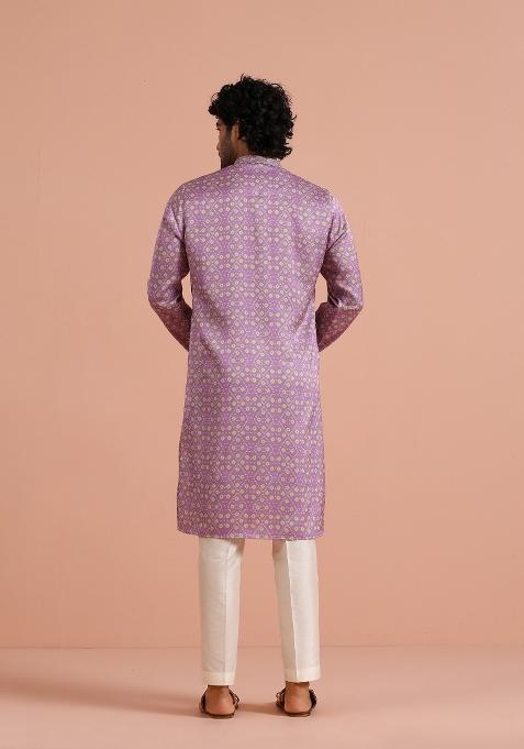 Pink Printed Poly Viscose Kurta Set For Men