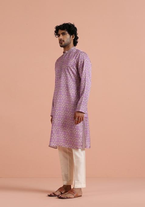 Pink Printed Poly Viscose Kurta Set For Men